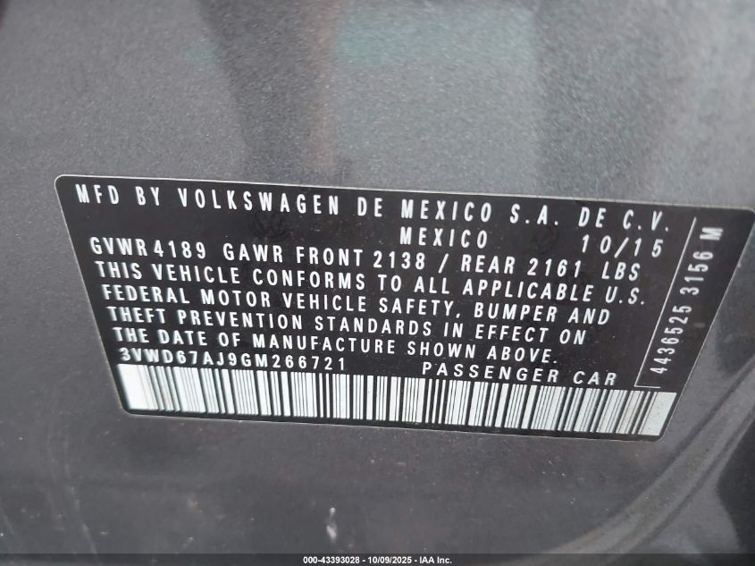 2016 Volkswagen Jetta 1.4T Se VIN: 3VWD67AJ9GM266721 Lot: 43393028