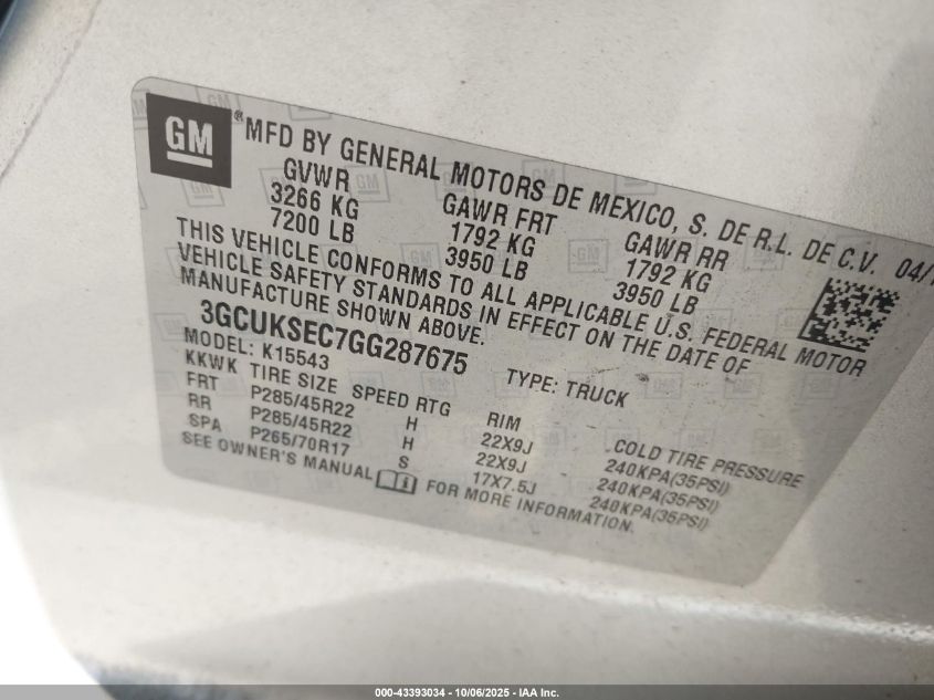 2016 Chevrolet Silverado 1500 1Lz VIN: 3GCUKSEC7GG287675 Lot: 43393034