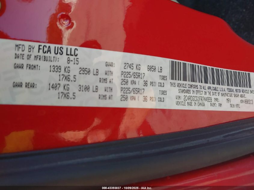 2015 Dodge Grand Caravan Sxt VIN: 2C4RDGCG1FR744959 Lot: 43393037