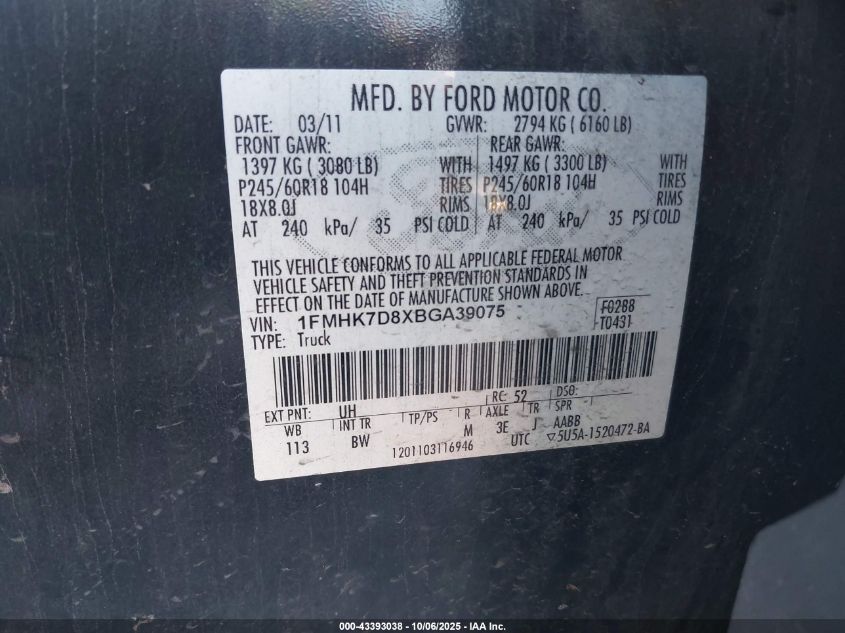 2011 Ford Explorer Xlt VIN: 1FMHK7D8XBGA39075 Lot: 43393038