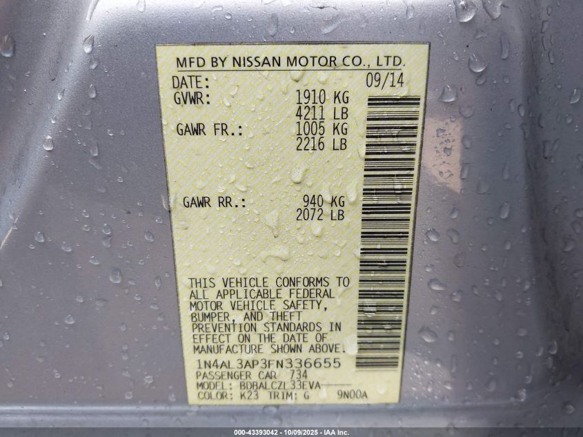 2015 Nissan Altima 2.5 S VIN: 1N4AL3AP3FN336655 Lot: 43393042