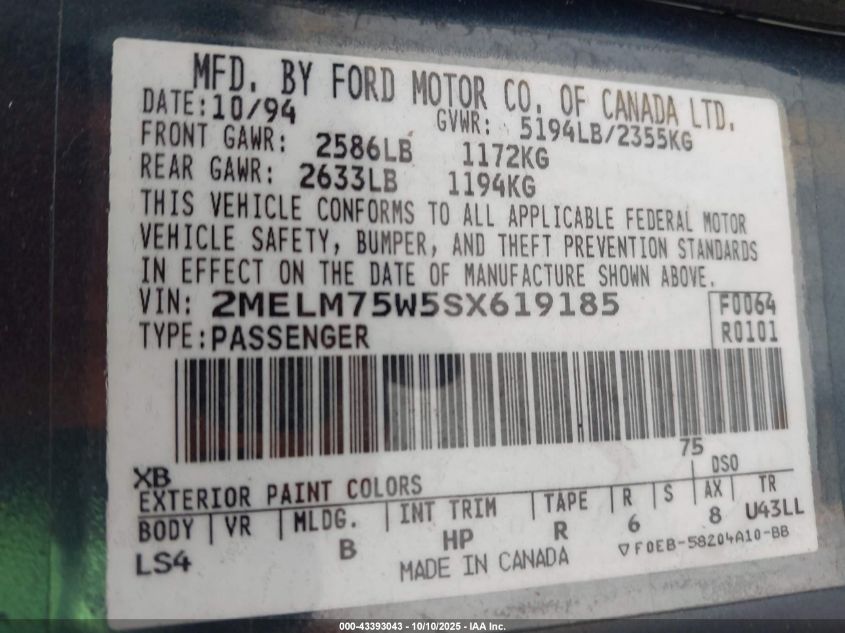1995 Mercury Grand Marquis Ls VIN: 2MELM75W5SX619185 Lot: 43393043