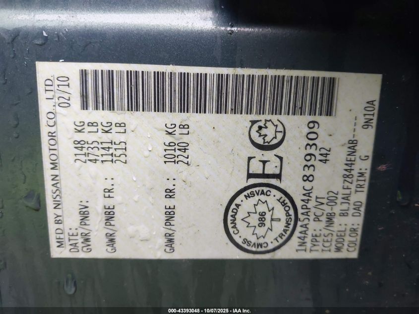 2010 Nissan Maxima 3.5 Sv VIN: 1N4AA5AP4AC839309 Lot: 43393048