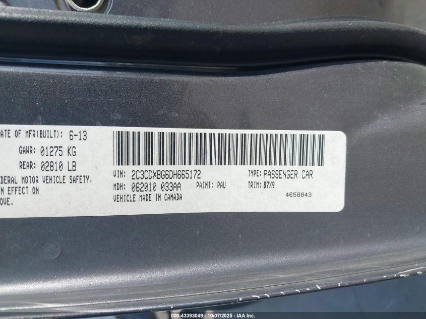 2013 Dodge Charger Se VIN: 2C3CDXBG6DH665172 Lot: 43393049