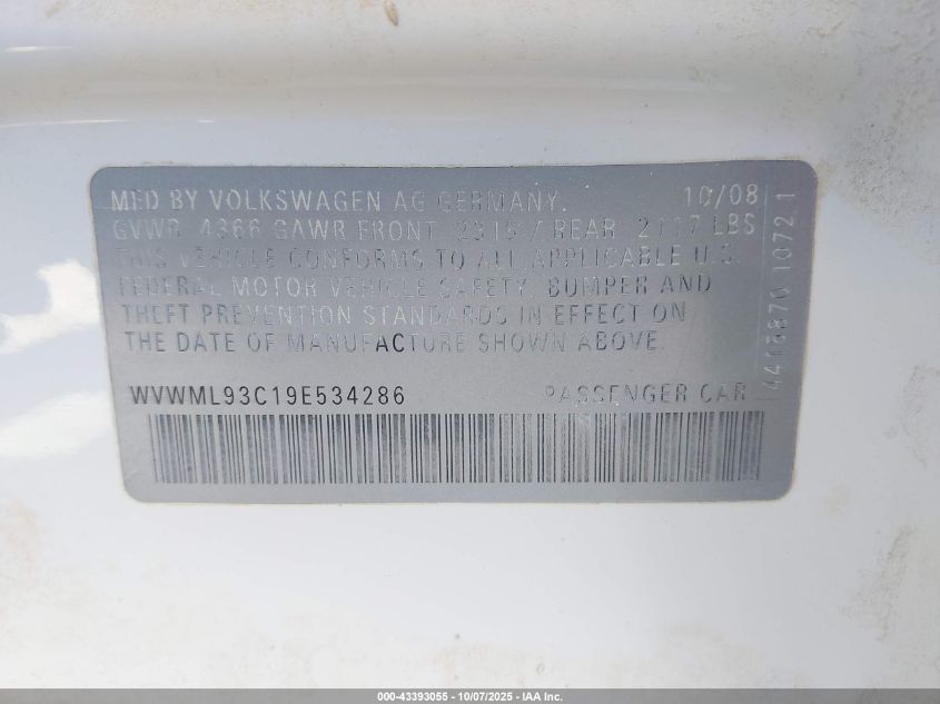 2009 Volkswagen Cc Sport VIN: WVWML93C19E534286 Lot: 43393055