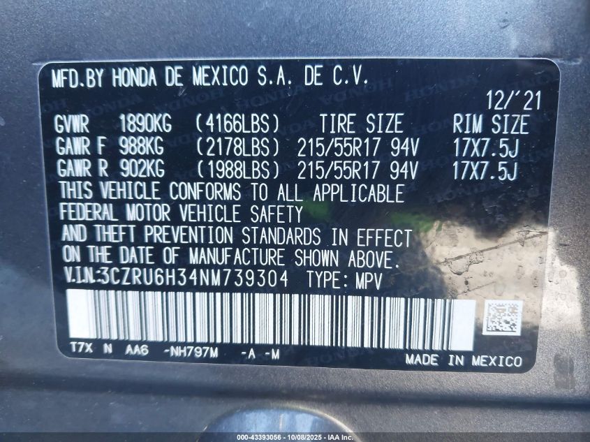 2022 Honda Hr-V Awd Lx VIN: 3CZRU6H34NM739304 Lot: 43393056