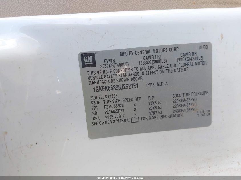 2008 GMC Yukon Xl 1500 Denali VIN: 1GKFK66898J252151 Lot: 43393058