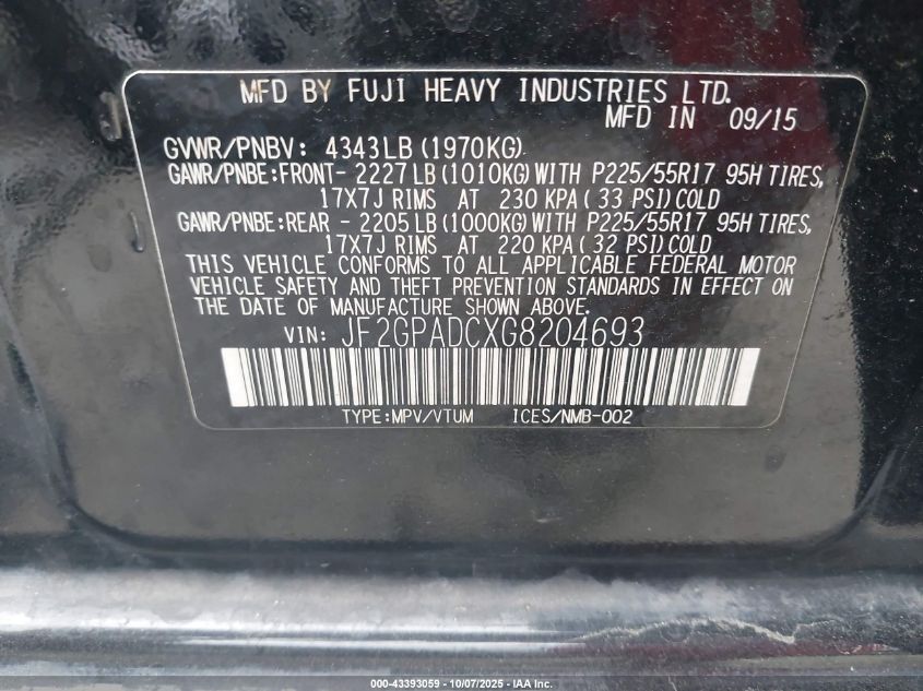 2016 Subaru Crosstrek 2.0I Premium VIN: JF2GPADCXG8204693 Lot: 43393059