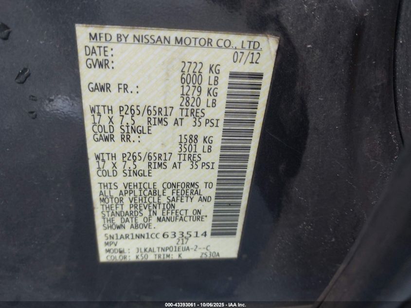 2012 Nissan Pathfinder Sv VIN: 5N1AR1NN1CC633514 Lot: 43393061