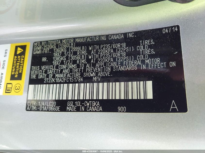 2015 Lexus Rx 350 VIN: 2T2ZK1BA2FC151784 Lot: 43393067