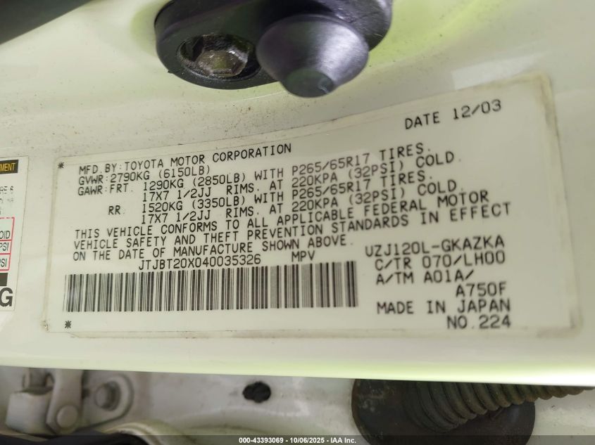 2004 Lexus Gx 470 VIN: JTJBT20X040035326 Lot: 43393069