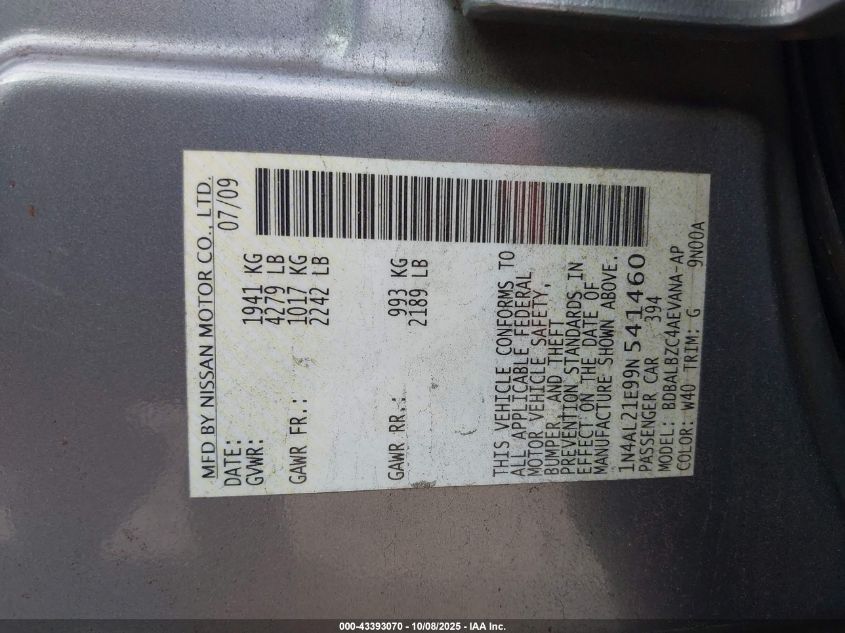 2009 Nissan Altima 2.5 S VIN: 1N4AL21E99N541460 Lot: 43393070