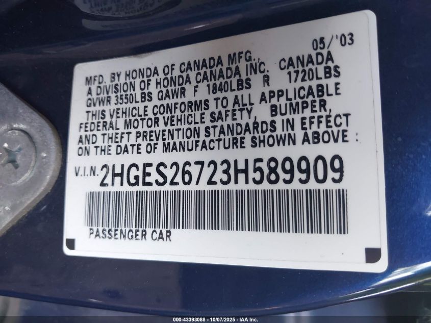 2003 Honda Civic Ex VIN: 2HGES26723H589909 Lot: 43393088