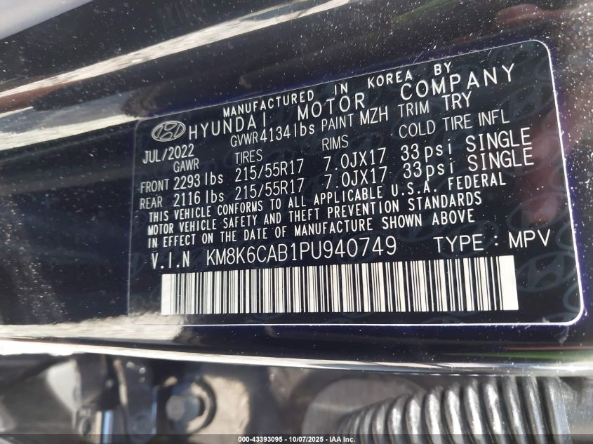 2023 Hyundai Kona Sel VIN: KM8K6CAB1PU940749 Lot: 43393095