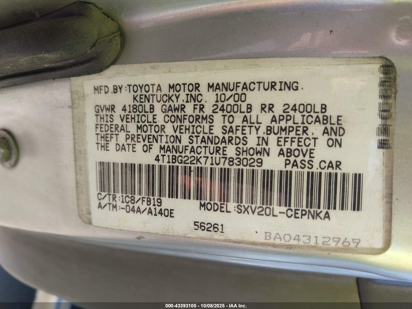 2001 Toyota Camry Ce/Le/Xle VIN: 4T1BG22K71U783029 Lot: 43393105