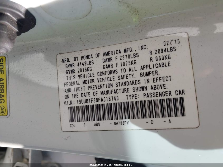 2015 Acura Tlx VIN: 19UUB1F39FA016740 Lot: 43393118