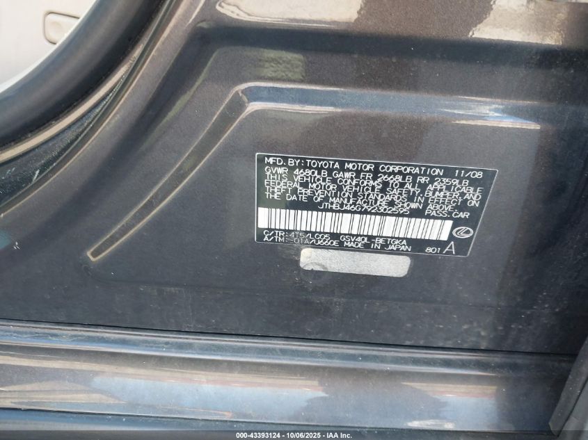 2009 Lexus Es 350 VIN: JTHBJ46G792302595 Lot: 43393124