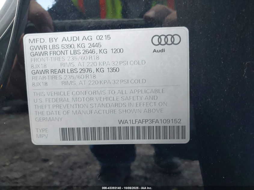 2015 Audi Q5 2.0T Premium VIN: WA1LFAFP3FA109152 Lot: 43393140