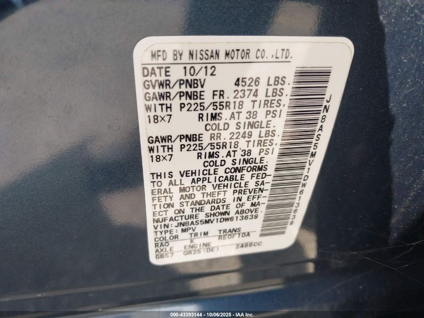 2013 Nissan Rogue Sv W/Sl Pkg VIN: JN8AS5MV1DW613639 Lot: 43393144