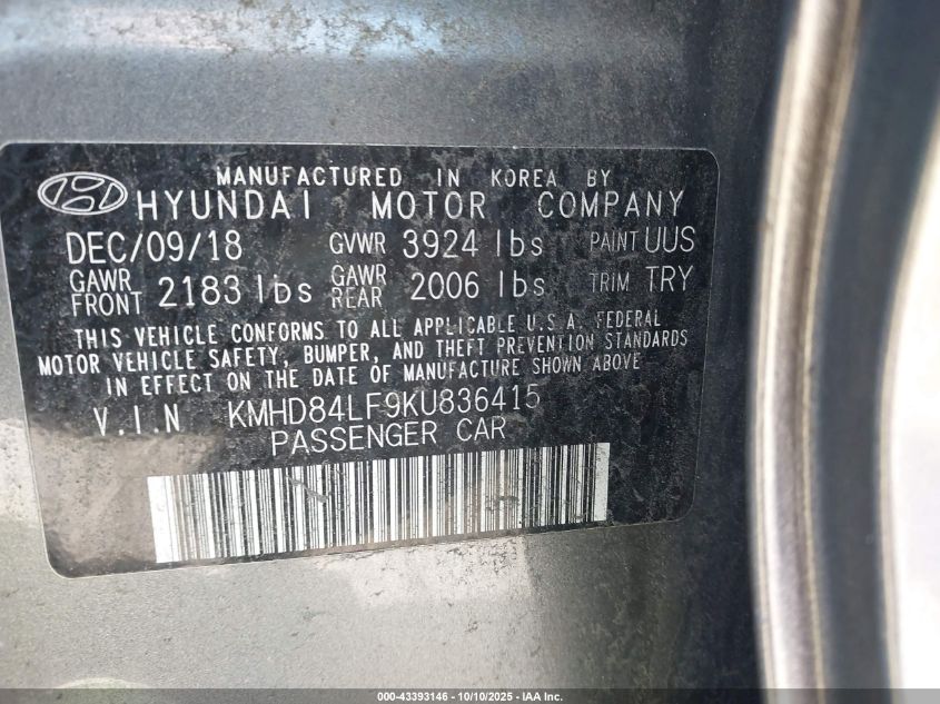 2019 Hyundai Elantra Sel VIN: KMHD84LF9KU836415 Lot: 43393146