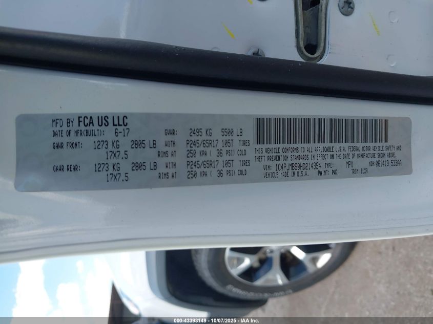 2017 Jeep Cherokee Trailhawk L Plus 4X4 VIN: 1C4PJMBS0HD214394 Lot: 43393149