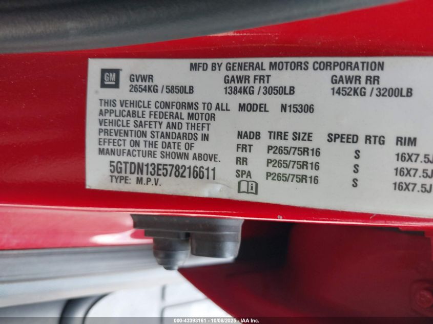 2007 Hummer H3 Suv VIN: 5GTDN13E578216611 Lot: 43393161