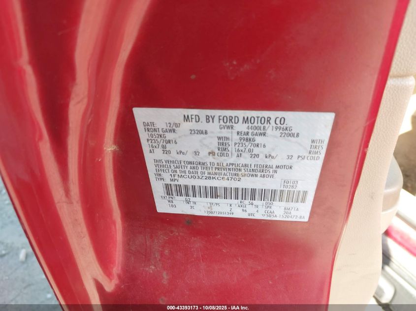 2008 Ford Escape Xlt VIN: 1FMCU03Z28KC64702 Lot: 43393173