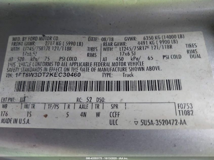 2019 Ford F-350 Xl VIN: 1FT8W3DT2KEC30460 Lot: 43393175