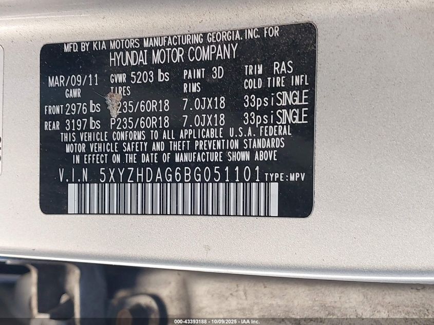 2011 Hyundai Santa Fe Se VIN: 5XYZHDAG6BG051101 Lot: 43393188