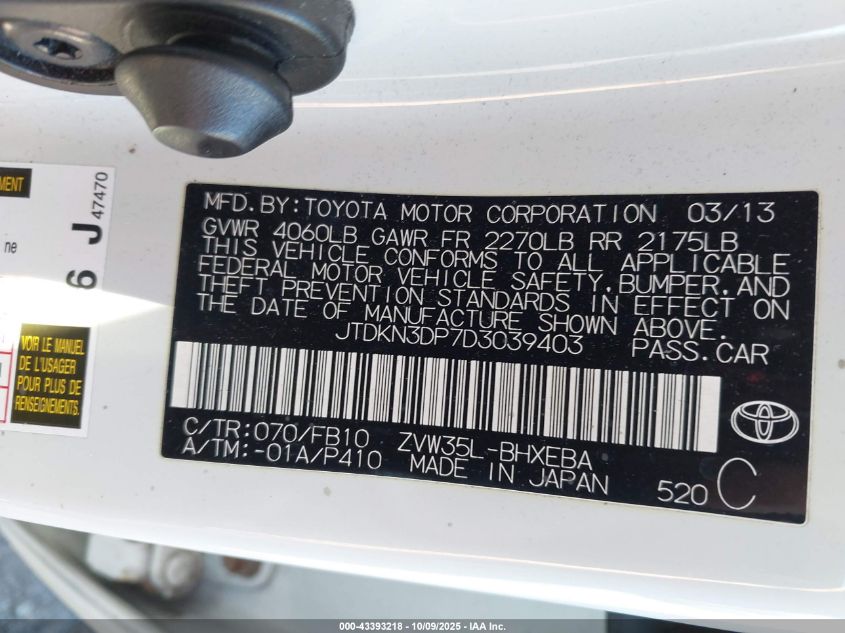 2013 Toyota Prius Plug-In VIN: JTDKN3DP7D3039403 Lot: 43393218