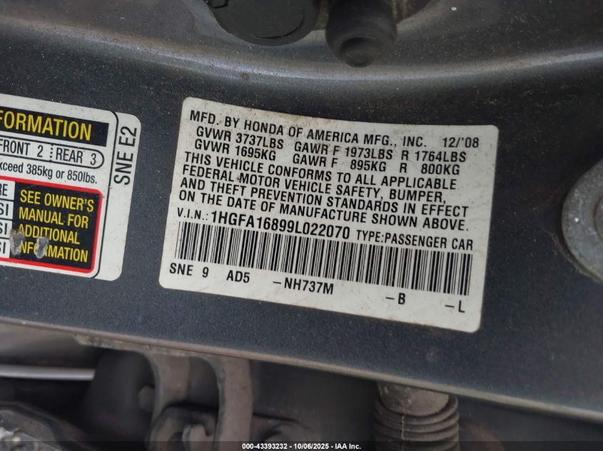 2009 Honda Civic Ex VIN: 1HGFA16899L022070 Lot: 43393232