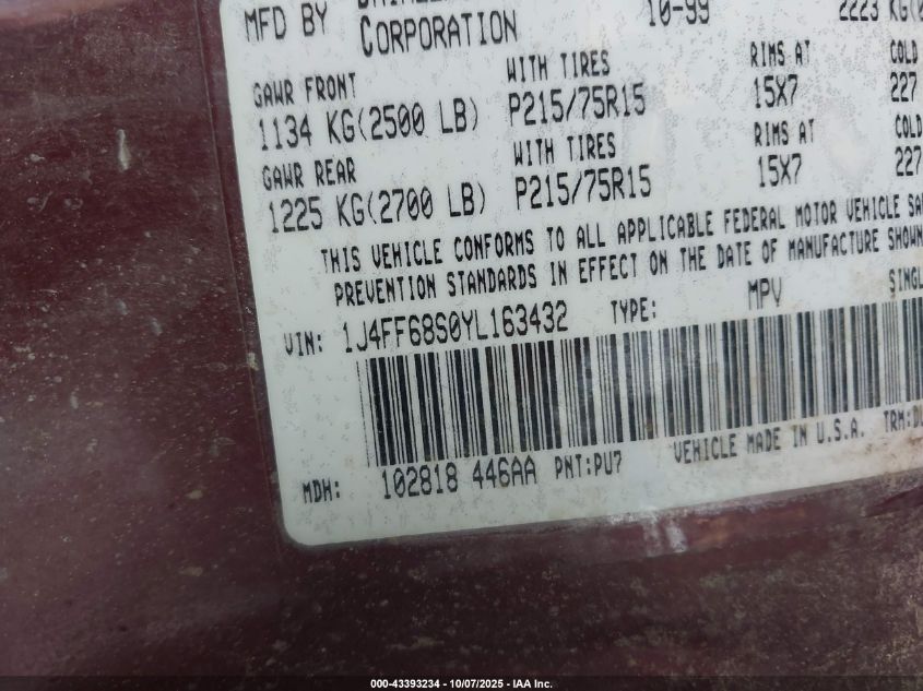 2000 Jeep Cherokee Limited VIN: 1J4FF68S0YL163432 Lot: 43393234