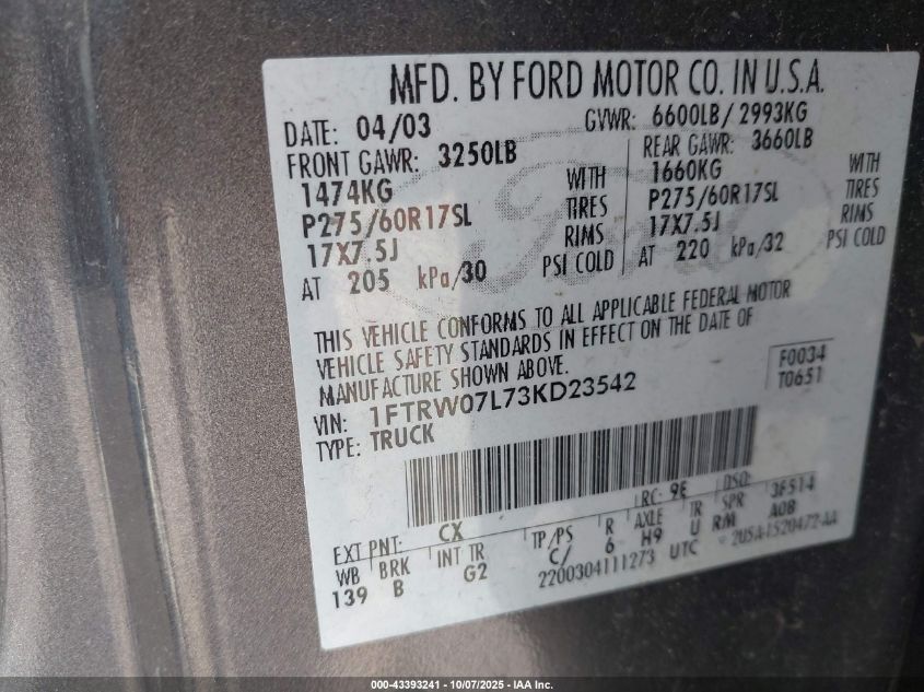 2003 Ford F-150 Lariat/Xlt VIN: 1FTRW07L73KD23542 Lot: 43393241