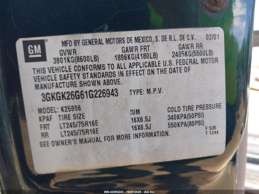 2001 GMC Yukon Xl 2500 Slt VIN: 3GKGK26G61G226943 Lot: 43393243