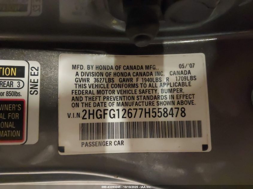 2007 Honda Civic Lx VIN: 2HGFG12677H558478 Lot: 43393245