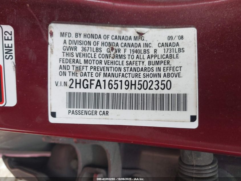 2009 Honda Civic Lx VIN: 2HGFA16519H502350 Lot: 43393255