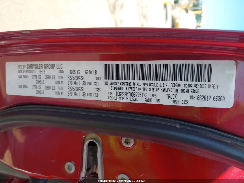 2013 Ram 1500 Sport VIN: 1C6RR7MT0DS725173 Lot: 43393266