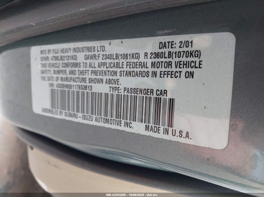 2001 Subaru Outback H6-3.0 VIN: 4S3BH806117653613 Lot: 43393268