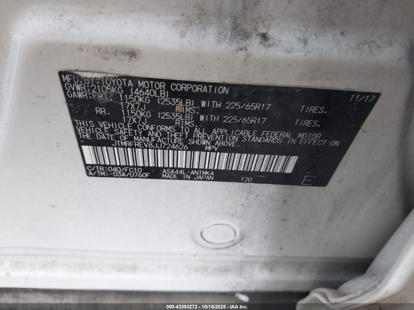 2018 Toyota Rav4 Xle VIN: JTMRFREV8JJ724626 Lot: 43393272