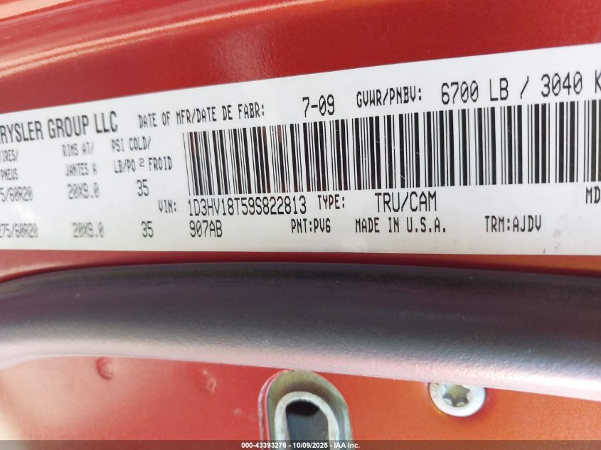 2009 Dodge Ram 1500 Slt/Sport VIN: 1D3HV18T59S822813 Lot: 43393276