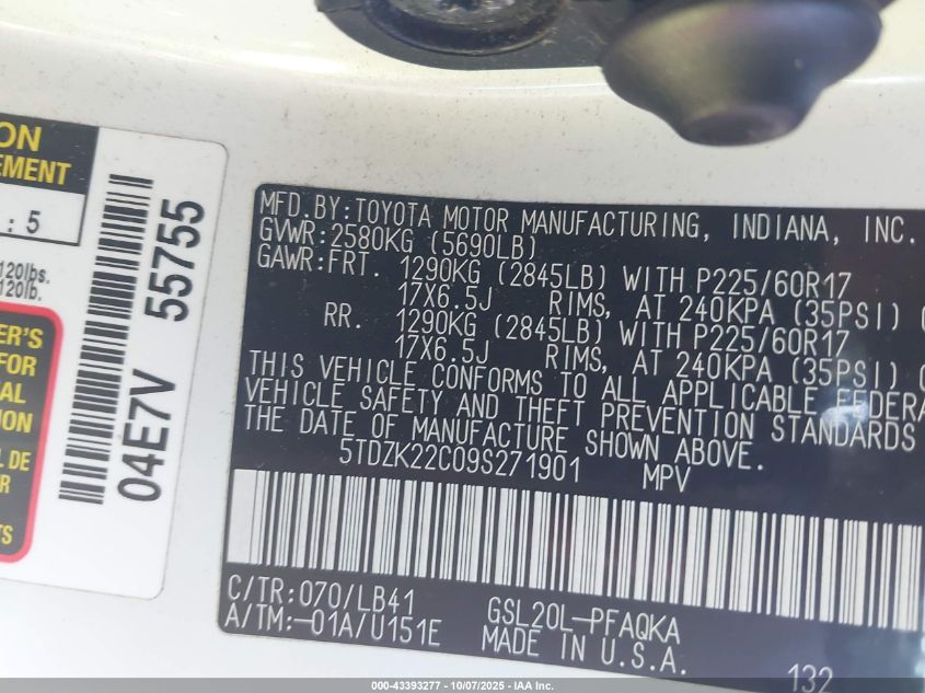 2009 Toyota Sienna Limited VIN: 5TDZK22C09S271901 Lot: 43393277