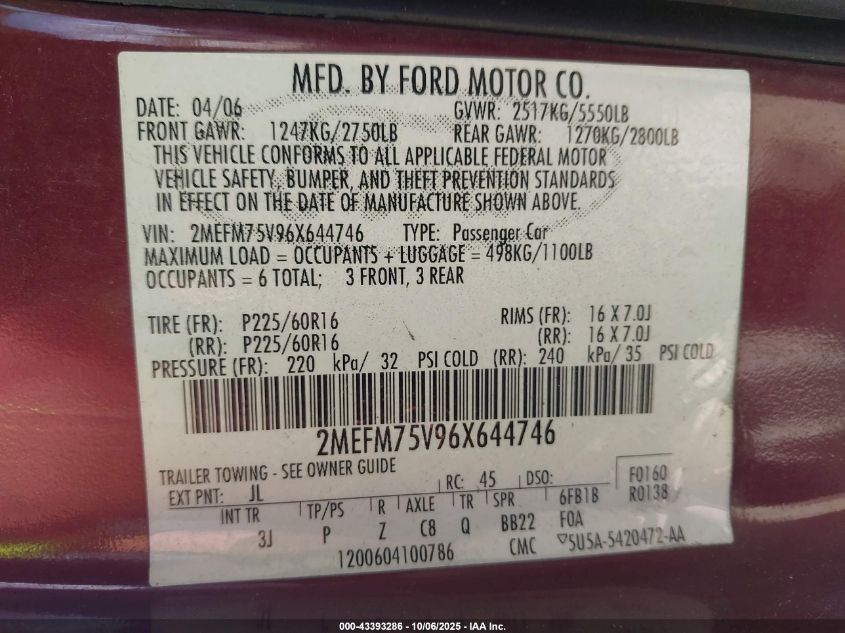 2006 Mercury Grand Marquis Ls VIN: 2MEFM75V96X644746 Lot: 43393286