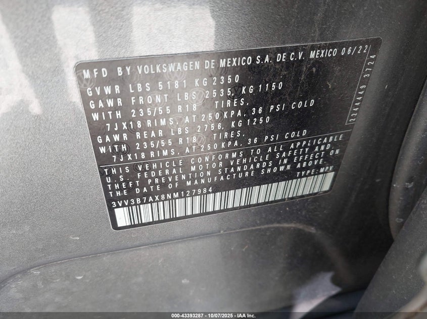 2022 VOLKSWAGEN TIGUAN 2.0T SE 3VV3B7AX8NM127984