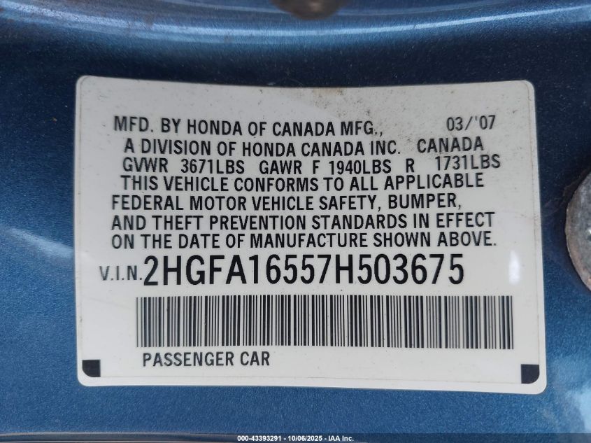 2007 Honda Civic Lx VIN: 2HGFA16557H503675 Lot: 43393291