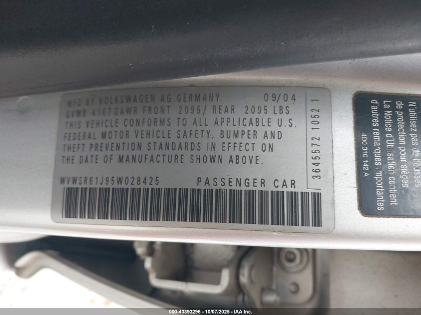 2005 Volkswagen Jetta Gls Tdi VIN: WVWSR61J95W028425 Lot: 43393296