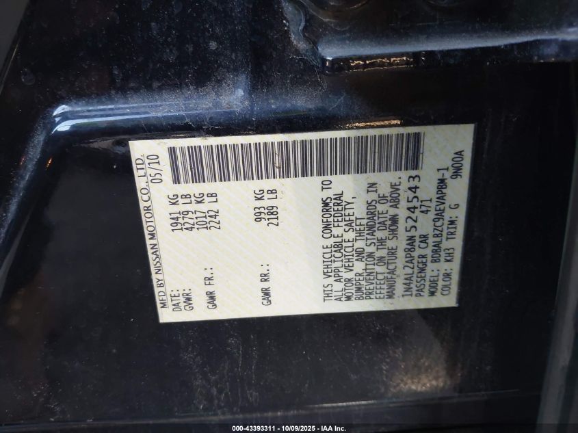 2010 Nissan Altima 2.5 S VIN: 1N4AL2AP8AN524543 Lot: 43393311