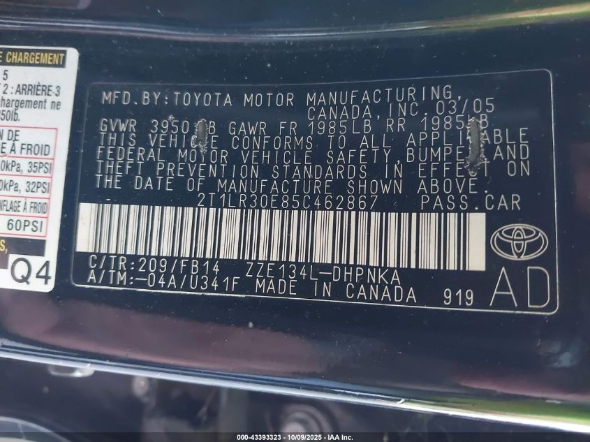 2005 Toyota Matrix Xr VIN: 2T1LR30E85C462867 Lot: 43393323