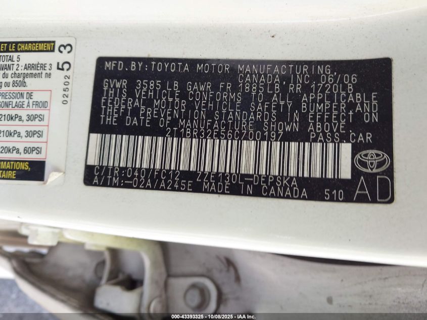 2006 Toyota Corolla S VIN: 2T1BR32E56C700197 Lot: 43393325