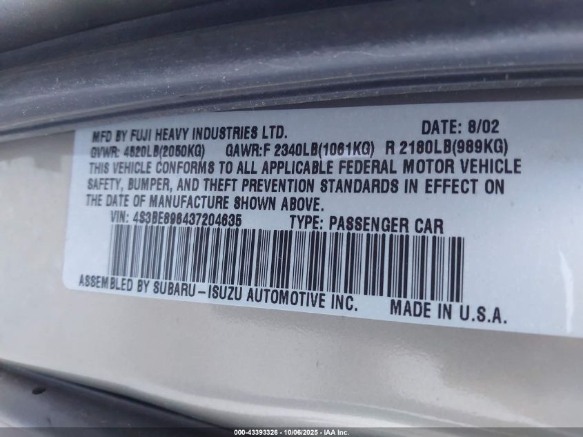 2003 Subaru Outback H6-3.0/H6-3.0 Vdc VIN: 4S3BE896437204635 Lot: 43393326