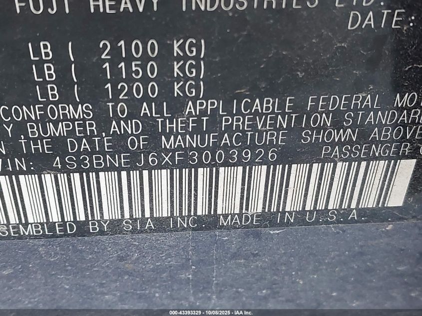 2015 Subaru Legacy 3.6R Limited VIN: 4S3BNEJ6XF3003926 Lot: 43393329